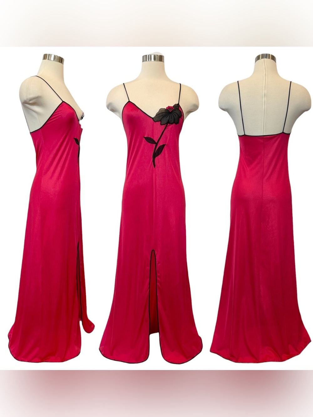 Vintage Silky Liquid Satin Nylon Red Art Deco Floral 70s Maxi Gown Slip Dress - Picture 11 of 11